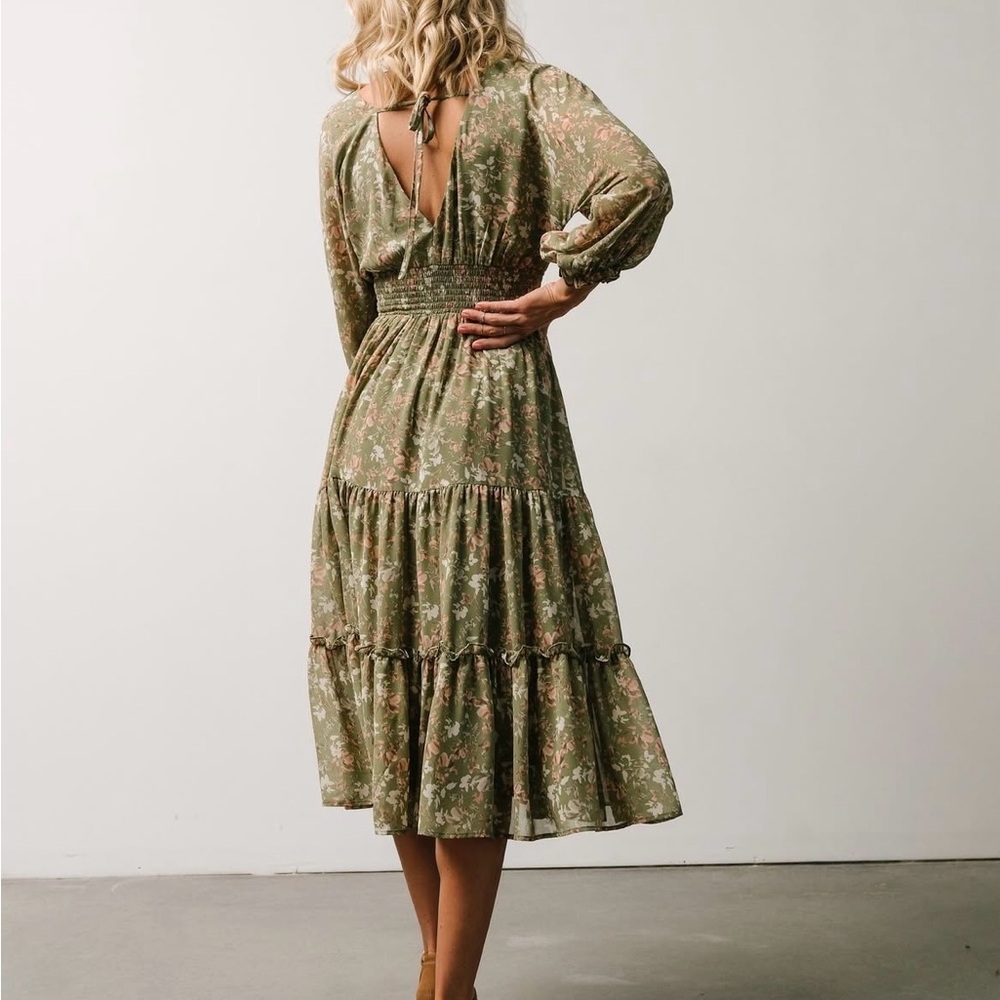 Olive Green Floral Tiered Midi Dress - Picture 3 of 16